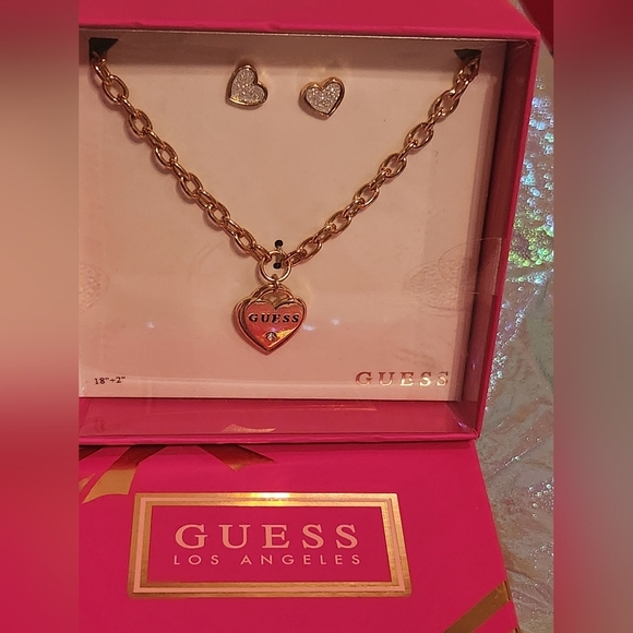 GUESS Gold Heart Necklace and Earrings Set - Picture 1 of 3